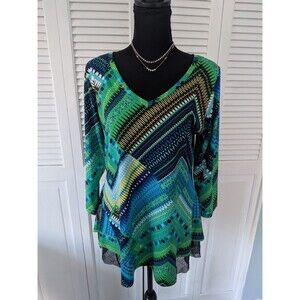 Fashque Studio Top Women's L Blouse Stretch Pullover Abstract Multi Asymmetrical